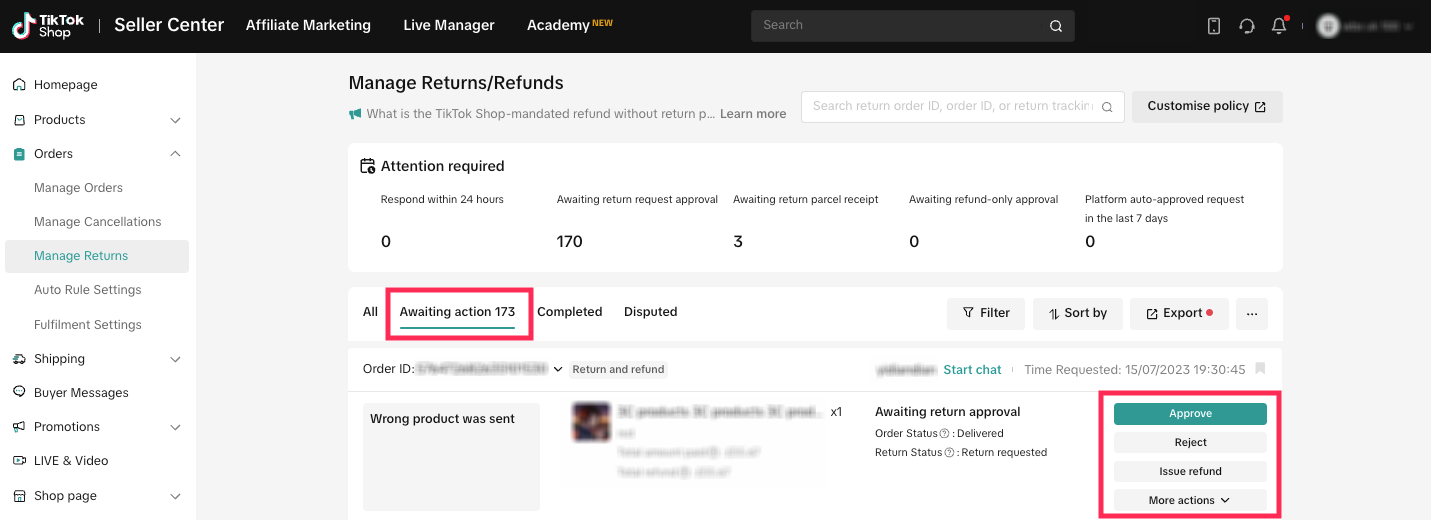 A Snapshot of TikTok Shop Seller Center where TikTok Shop Returns Management takes place. There, TikTok Shop Sellers can approve, reject returns or initiate refunds, and see all the items listed.