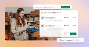 Ecommerce return request displayed in Shopify while a merchant prepares returned clothing in a warehouse setting.