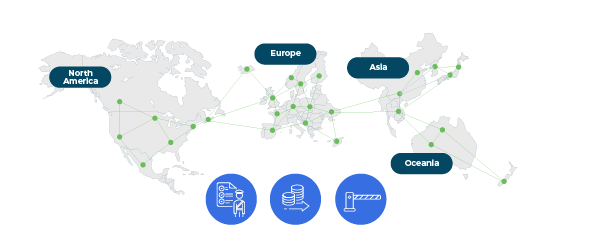 A visual of a global network, covering North America, Europe, Asia, and Oceania, and icons of cross border requirements.
